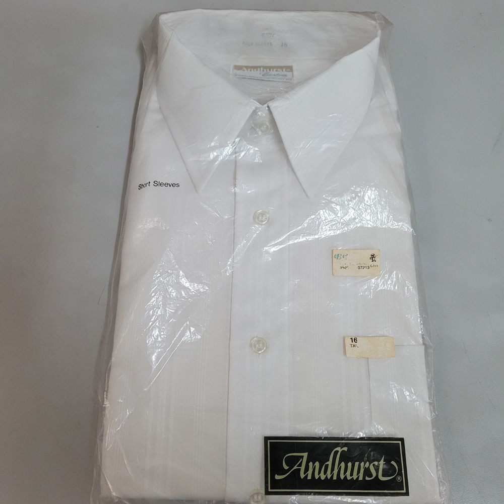 Andhurst Custom Mens White Striped Short Sleeve Dress Shirt Size 16 Vintage USA
